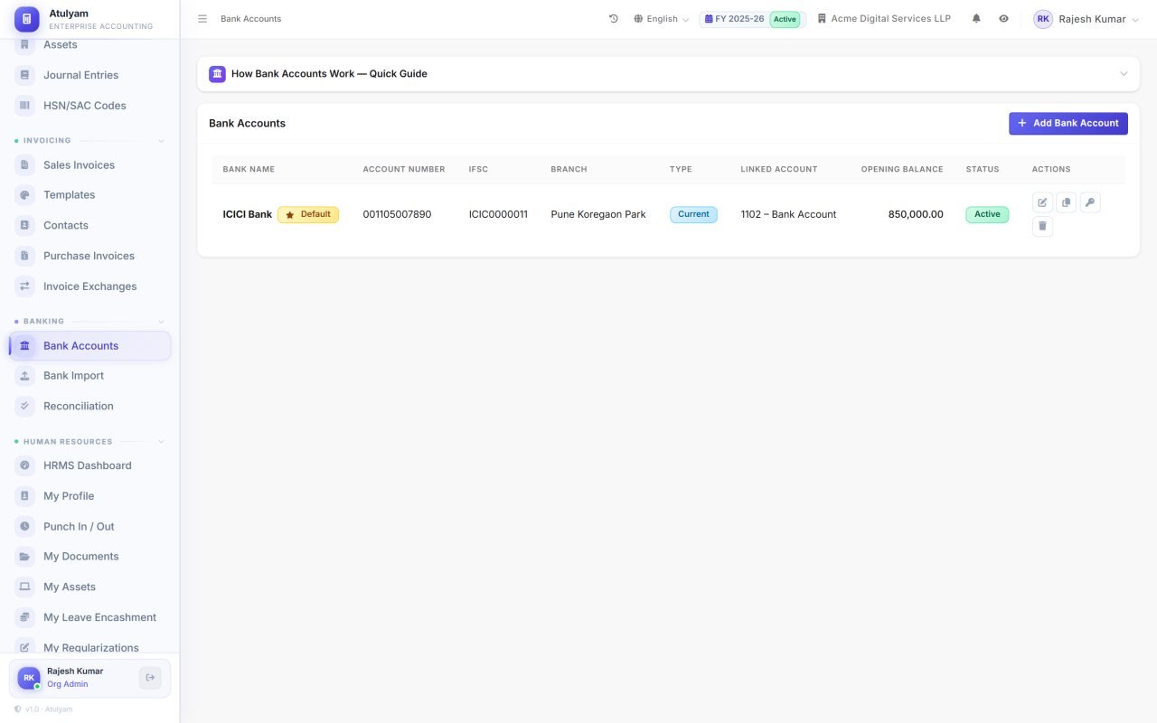 Bank accounts screen in AtulyamOne — Accounts linked to the chart of accounts, with balances and import history.