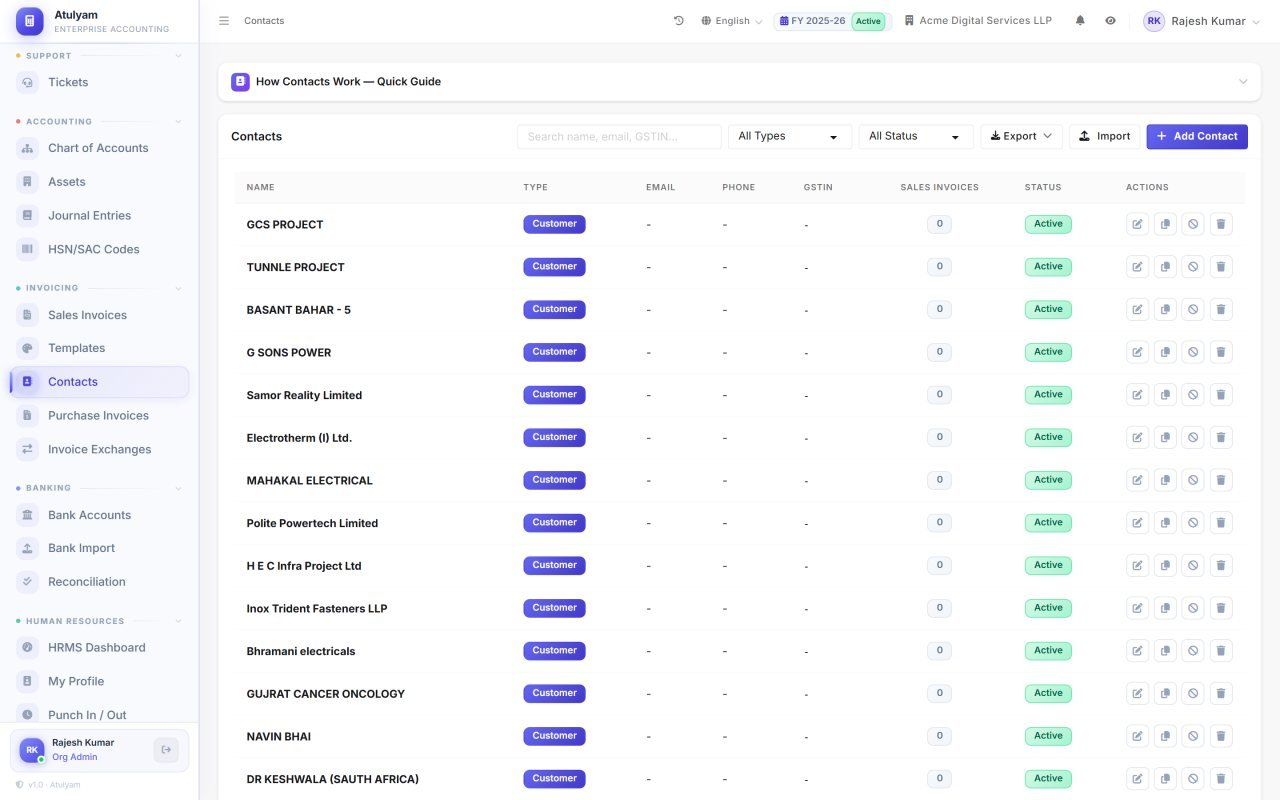 Customers & vendors screen in AtulyamOne — One contact list serving invoices, bills and purchase orders, with GSTIN and ageing.