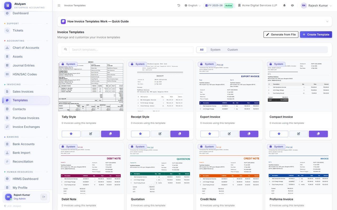 Invoice templates screen in AtulyamOne — 16 ready templates plus a drag-and-drop builder, or generate one from an invoice you already use.