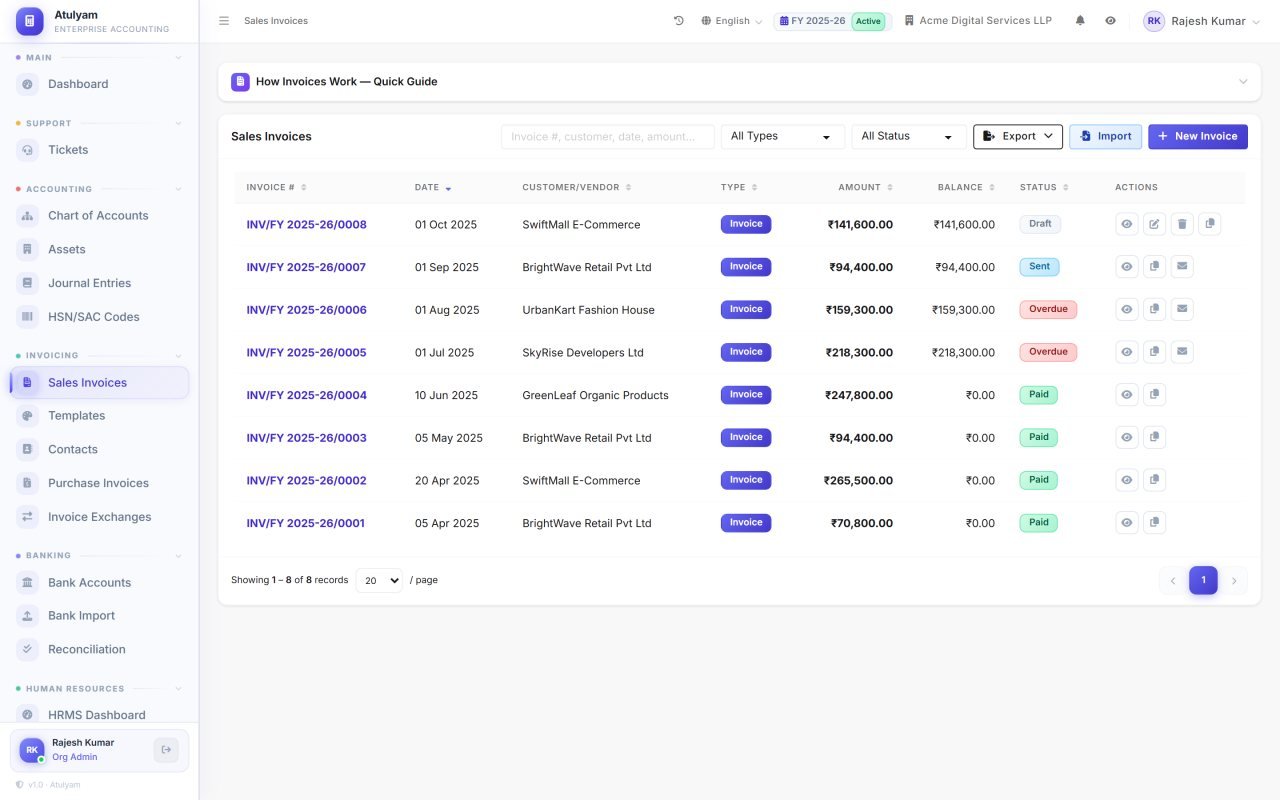 Invoice list screen in AtulyamOne — Every invoice with status, ageing and payment state, filterable and exportable.