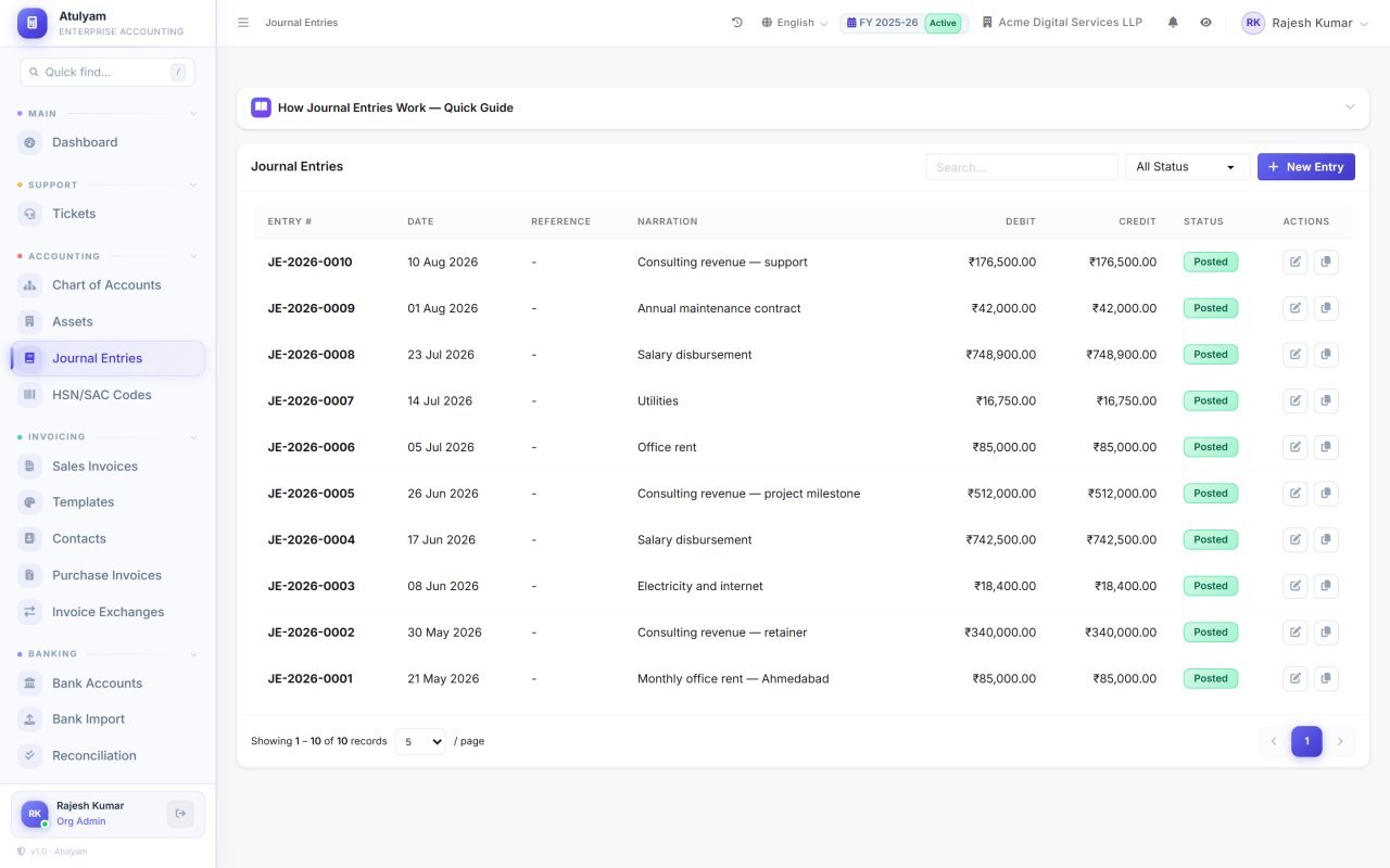 Journal entries screen in AtulyamOne — Double-entry postings with an audit trail, raised manually or generated by payroll and stock.