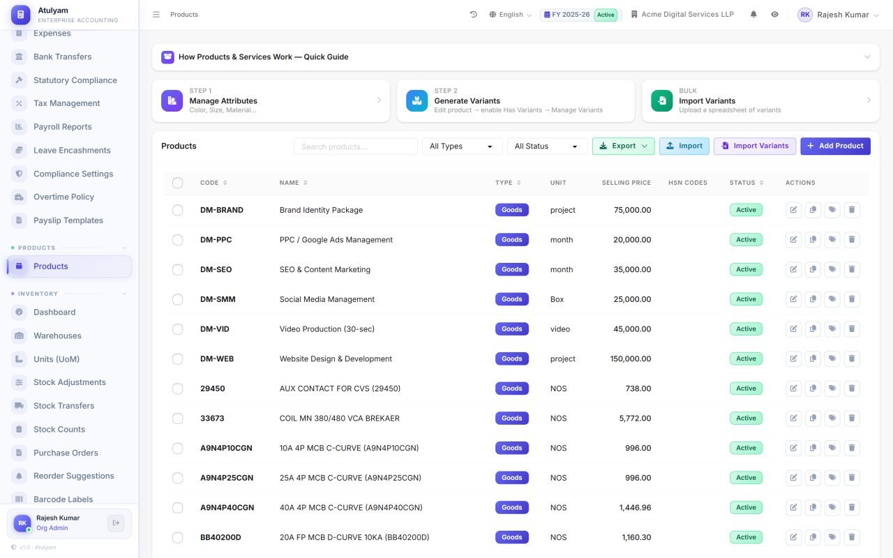 Products & variants screen in AtulyamOne — Catalogue with categories, units, HSN mapping, attributes and generated variants.