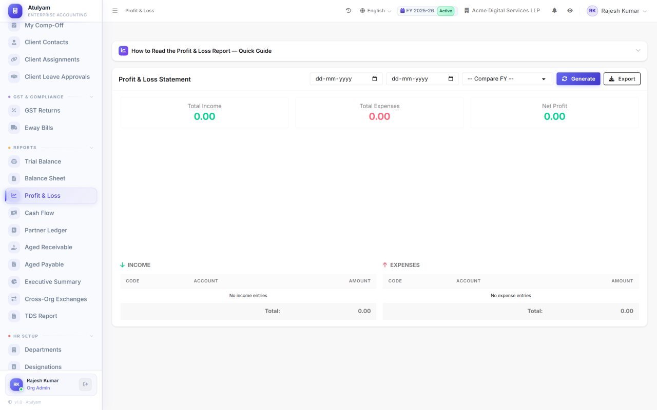 Profit & Loss screen in AtulyamOne — Drill from any figure into the entries behind it, compare periods, and export the result.
