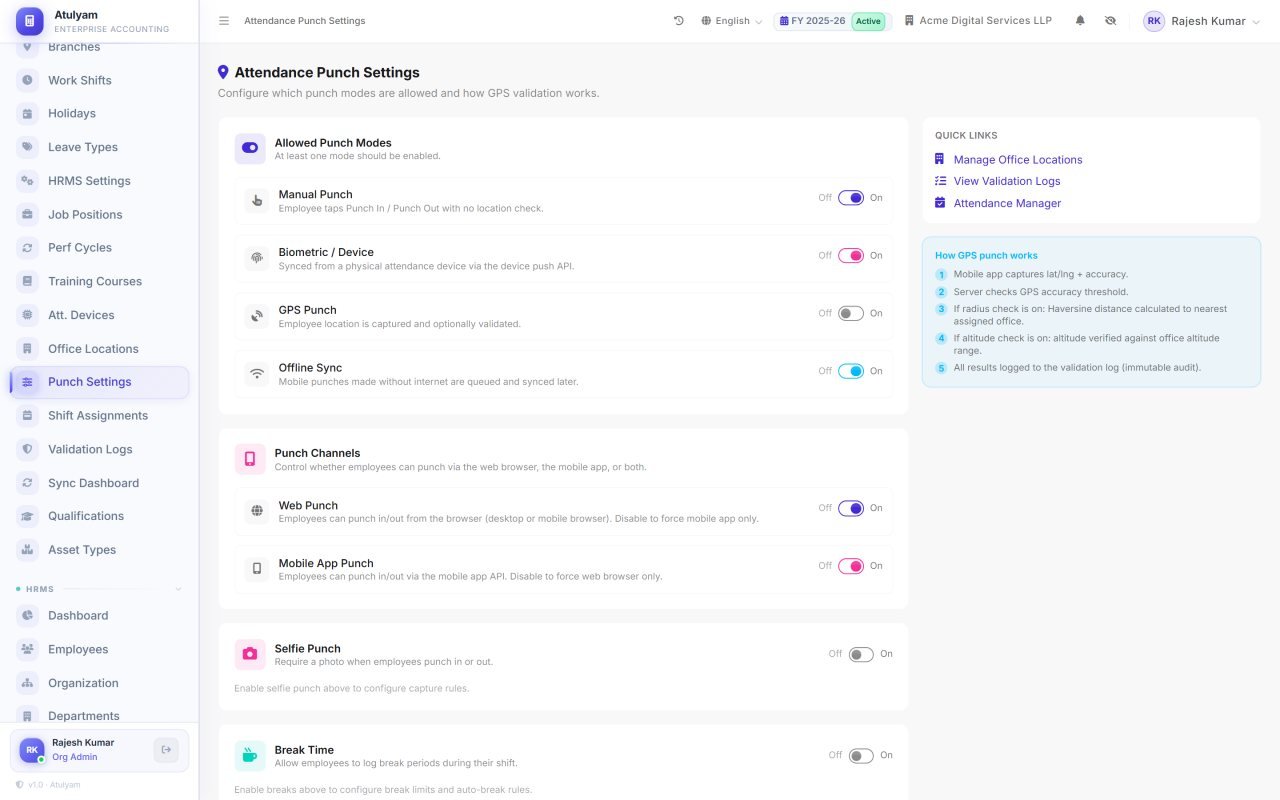 Punch settings screen in AtulyamOne — Choose which punch modes your organization allows, and how strictly each is validated.