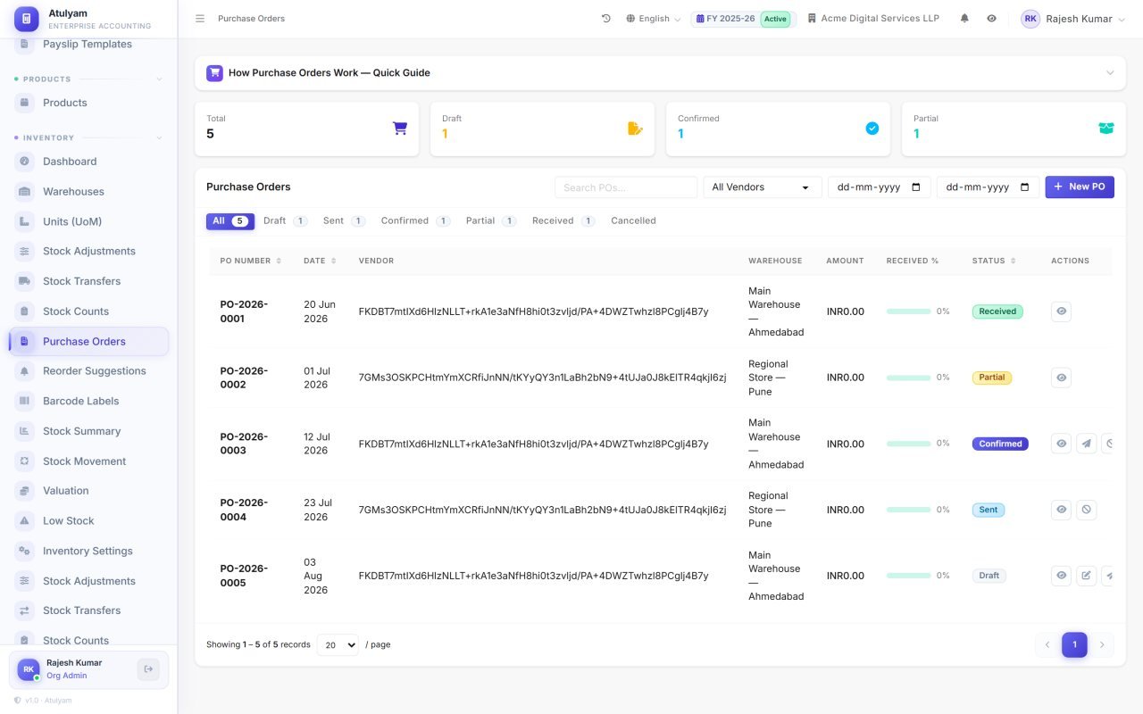 Purchase orders screen in AtulyamOne — Raise POs against vendor rates, receive against them, and match them to the vendor bill.