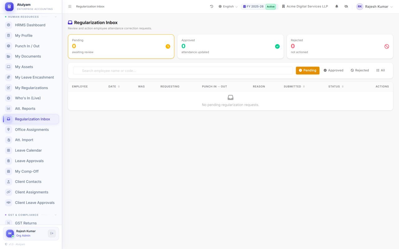 Regularisation inbox screen in AtulyamOne — Missed and disputed punches raised by employees, queued for a manager to approve.