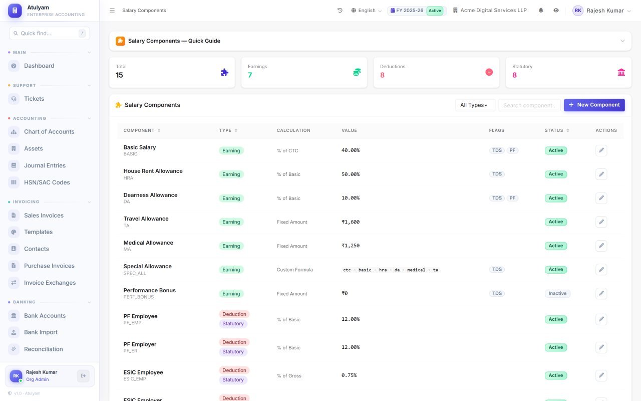 Salary components screen in AtulyamOne — Earnings and deductions you define yourself, including the statutory heads.